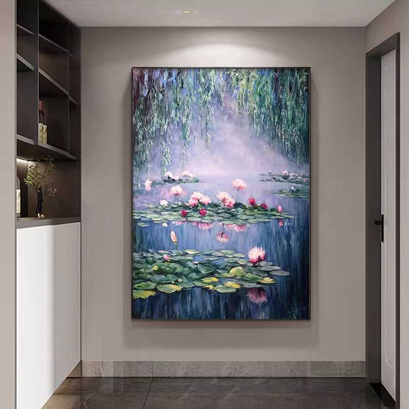 玟书 现代简约壁画 烤瓷水晶画/亮光效果/高清透亮 莫奈睡莲 40*60cm 竖版F款高清大图