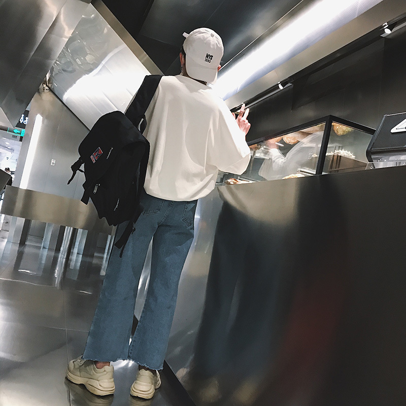 7分袖T恤男短袖韩版潮学生宽松2018夏款嘻哈落肩袖趣味印花体恤衫