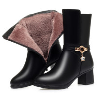 中筒靴女冬季新款女靴子粗跟妈妈棉鞋坡跟软底厚绒靴子中老年棉靴 黑色X-7358厚绒款粗跟5.5cm 40