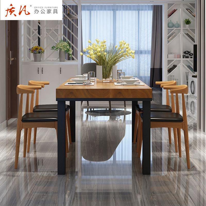 质凡工业风铁艺实木餐桌椅组合长方形休闲餐厅食堂饭馆小吃店桌椅