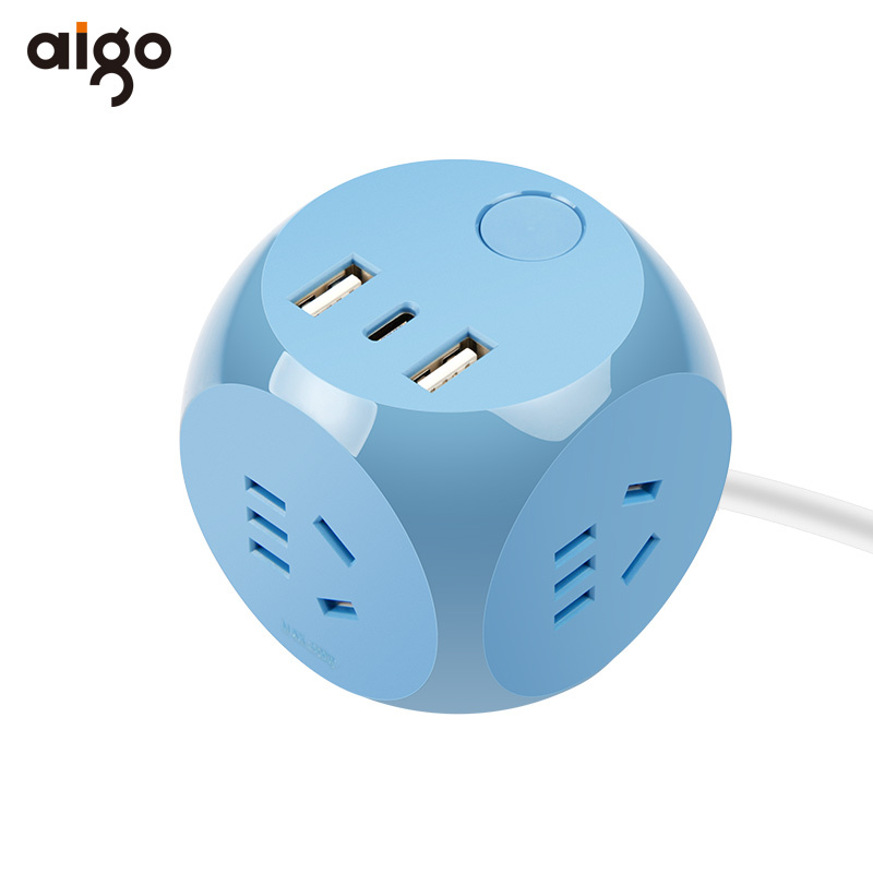 爱国者(aigo)魔方USB充电器 插线板/排插/ 2USB+Type-C接口+3位新国标插孔 M0331C蓝色