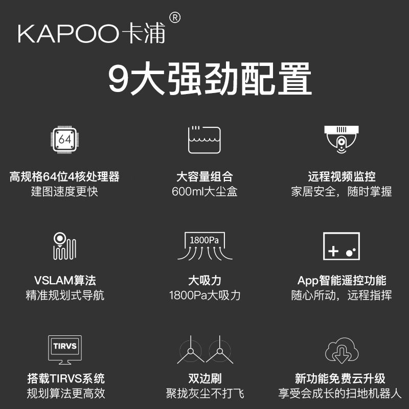 卡浦(KAPOO)扫地机器人一代目M6+扫拖一体机器人 规划清扫 自动回充 视觉导航 碰撞保护 视频监控 吸尘器 银色