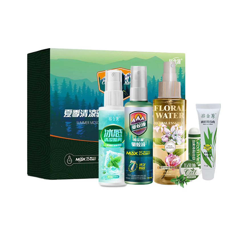 裕金源 夏季清凉驱蚊套装 臻选6件套(驱蚊液110ml+植萃舒缓香氛花露水120ml+冰感清凉喷雾110ml+ 薄荷膏高清大图