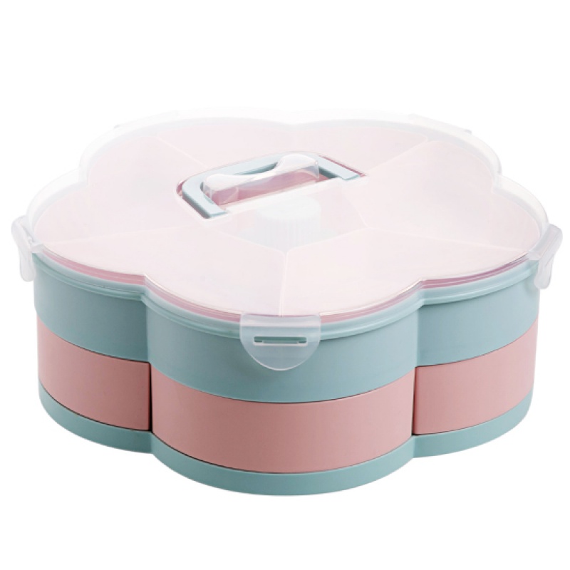 双层旋转糖果盒过年家用干果盒水果盘客厅瓜子盘零食收纳盒 蓝色