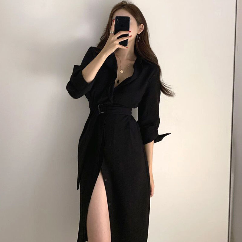 语娄气质女神范长款衬衫连衣裙性感洋气高冷御姐风成熟开叉裙子女春秋