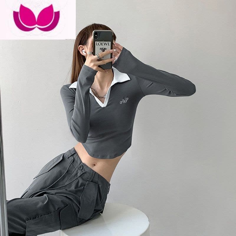 七斓冬纯欲风性感长袖翻领紧身露脐polo打底短款上衣女设计感T恤图片