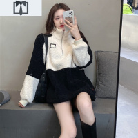 SUNTEK白色颗粒羔绒拉链卫衣女秋冬黑色假两件加绒加厚羔毛潮牌上衣卫衣