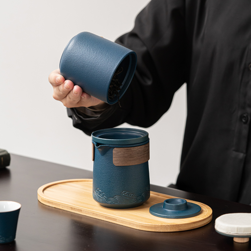 苏氏陶瓷(SUSHI CERAMICS)山水旅行茶具便捷功夫茶具套装陶瓷快客杯带便携旅行包(蓝)高清大图