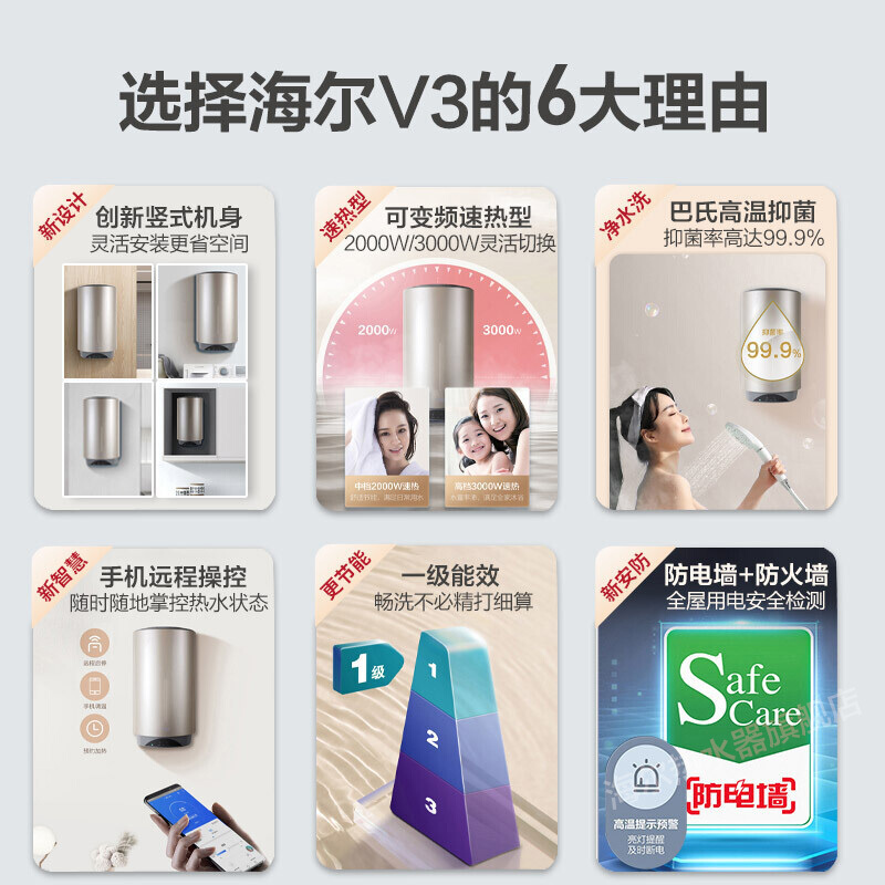Haier/海尔电热水器80升竖式ES80V-V3U1 3000W变频速热 预约洗浴 一级能效 WIFI控制 全国联保