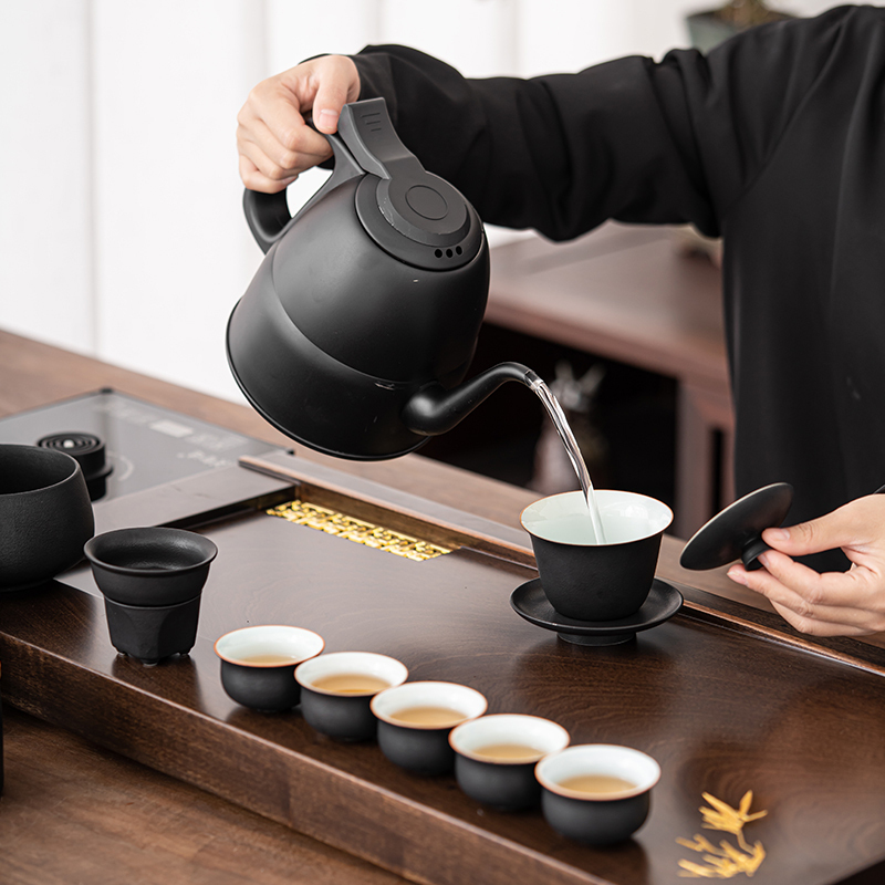 苏氏陶瓷(SUSHI CERAMICS)功夫茶具套装花梨木色茶盘风黑陶茶具自动烧水壶一体整套茶盘茶台