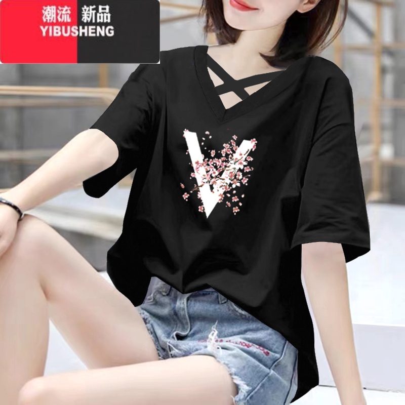 YIBUSHENG短袖t恤女士季新款胭脂粉韩版大码宽松百搭设计感v领上衣服 黑色-V字樱花 4XL(建议160-185斤)