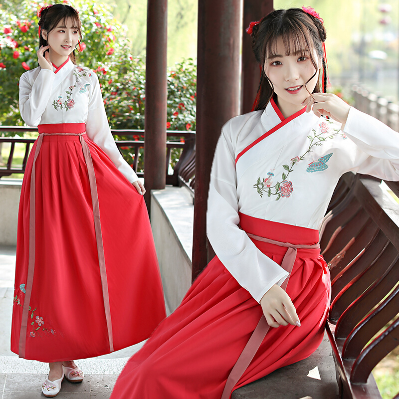 汉服女民国学生改良汉元素齐腰襦裙清新淡雅中国风套装女yy红色长裙