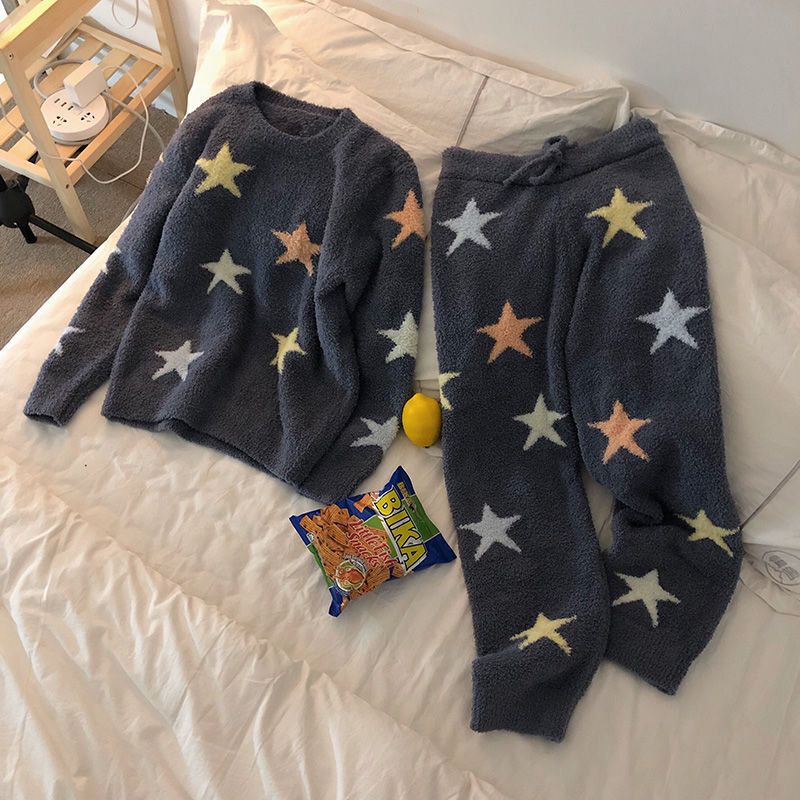 波迷娜(BOMINA)星星软绵绵睡衣女冬可爱加厚保暖冬季套装日系月子服服 彩色星星 均码