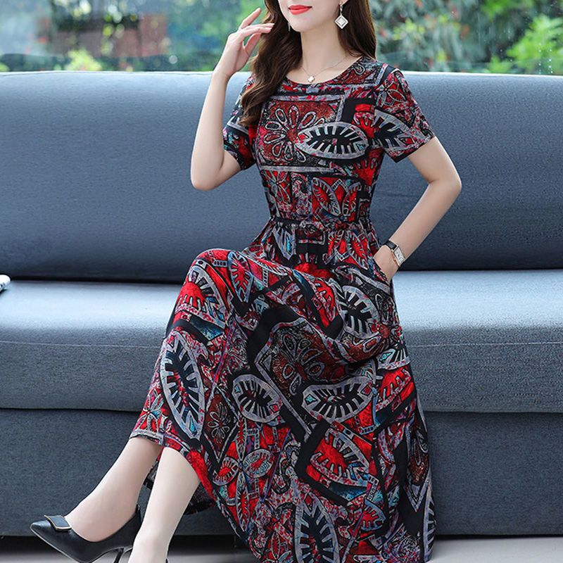 妈妈夏季棉绸过膝连衣裙中老年女装短袖口袋中长款大码宽松碎花裙威珺