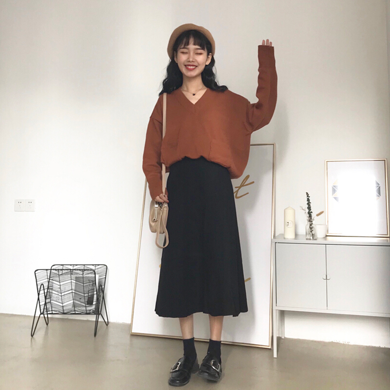 春季新款女装韩版港味复古百搭显瘦高腰半身裙中长款针织裙黑色均码