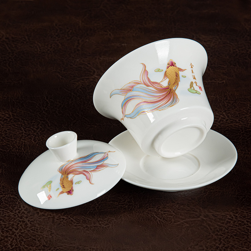 华普思羊脂玉三才悬停盖碗白瓷带盖大号不烫手茶碗茶杯功夫茶具 翻山越岭-悬停盖碗高清大图