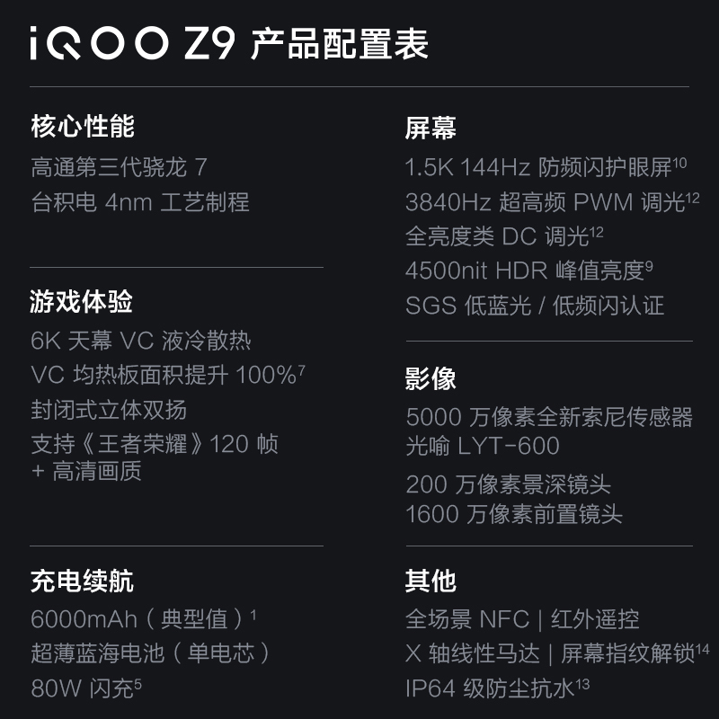 iQOO Z9 曜夜黑 8GB+256GB 全网通5G新品手机第三代骁龙7旗舰芯片5000万像素144Hz高刷80W闪充6000mAh大电池拍照游戏学生性能手机