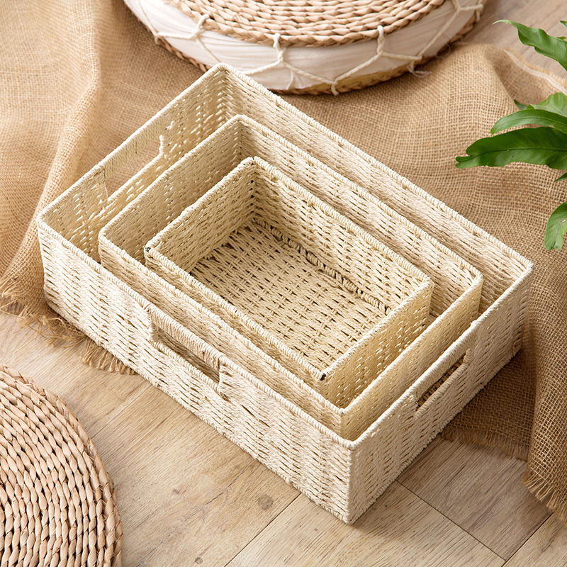 纸绳编织收纳筐桌面收纳篮衣物玩具收纳盒长方形篮子储物篮高清大图
