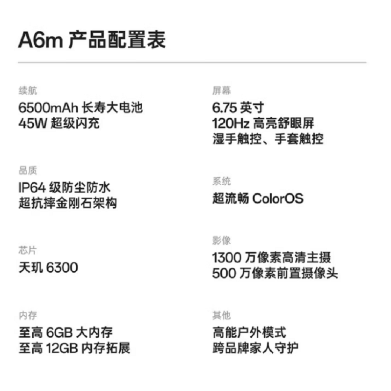 OPPO A6m 紫气东来 6GB+128GB 新款天玑6300 6500mAh 长续航大电池 45W闪充 防尘防水 120Hz高亮护眼屏 5G智能手机高清大图