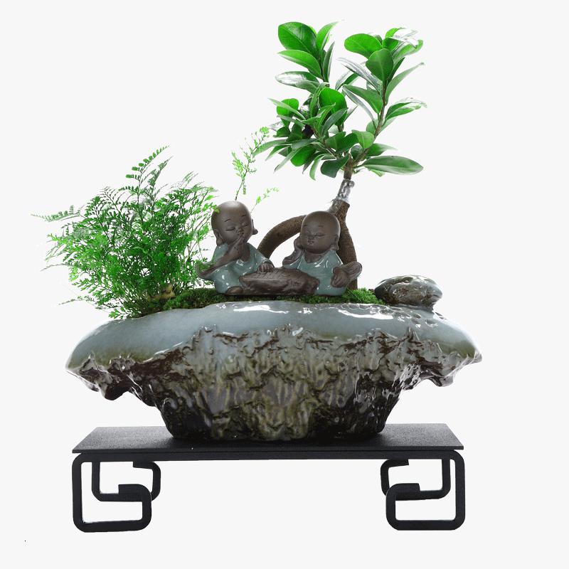 美帮汇创禅意新中式哥窑陶瓷花盆小叶榕树盆栽透气花器家用室内净化空气高清大图