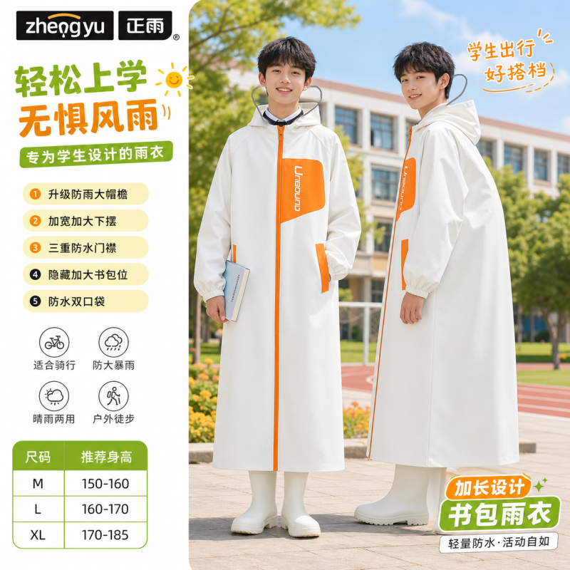 正雨儿童雨衣中小学生上学专用男女孩初中大童长款防暴雨带书包位9063