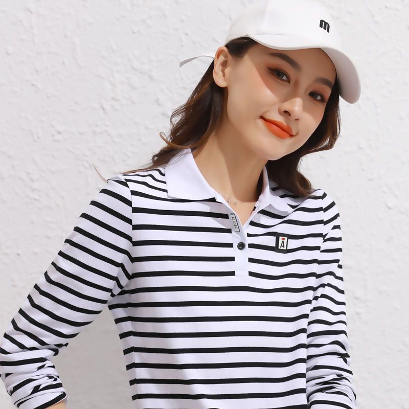 黑白条纹棉翻领长袖t恤女宽松春秋季上衣早秋衣外穿打底polo衫