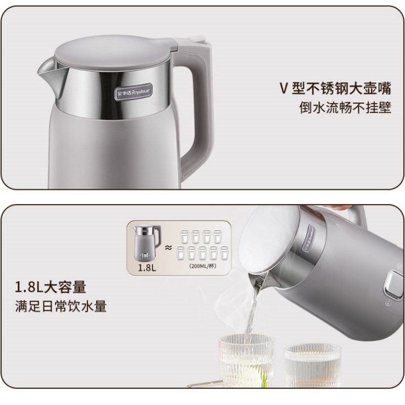 荣事达皇家不锈钢电热水壶1.8L大容量1500W快速加热安全温控设计高清大图