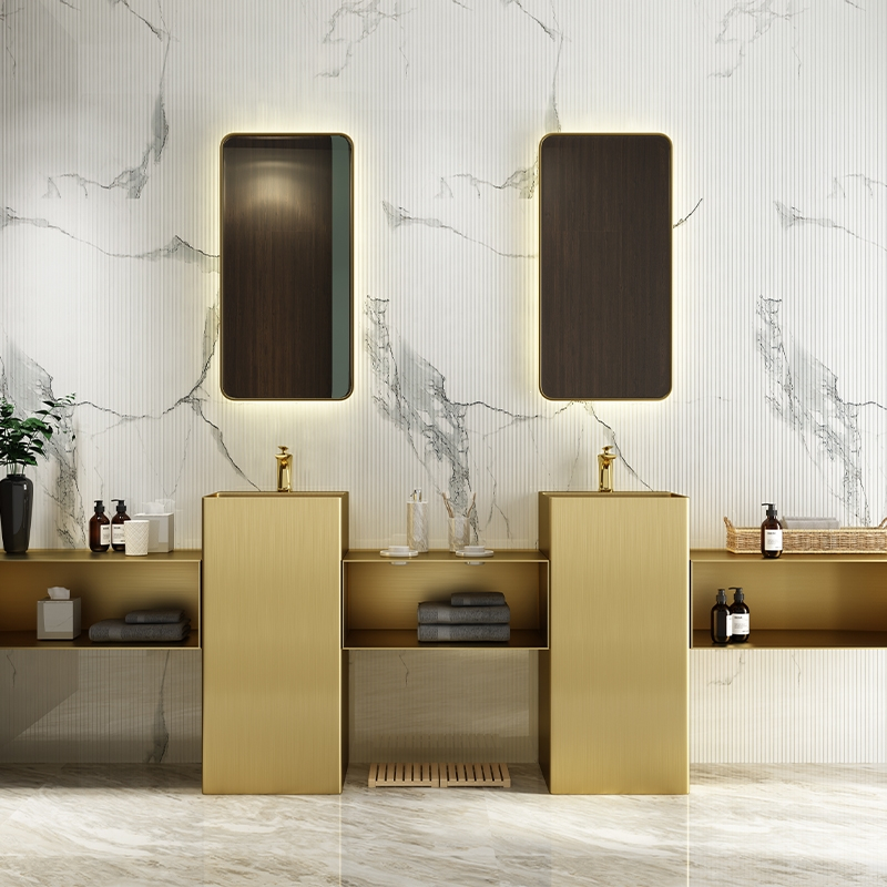 金色不锈钢洗手台盆一体落地洗漱台藤印象民宿酒店立柱式洗脸盆