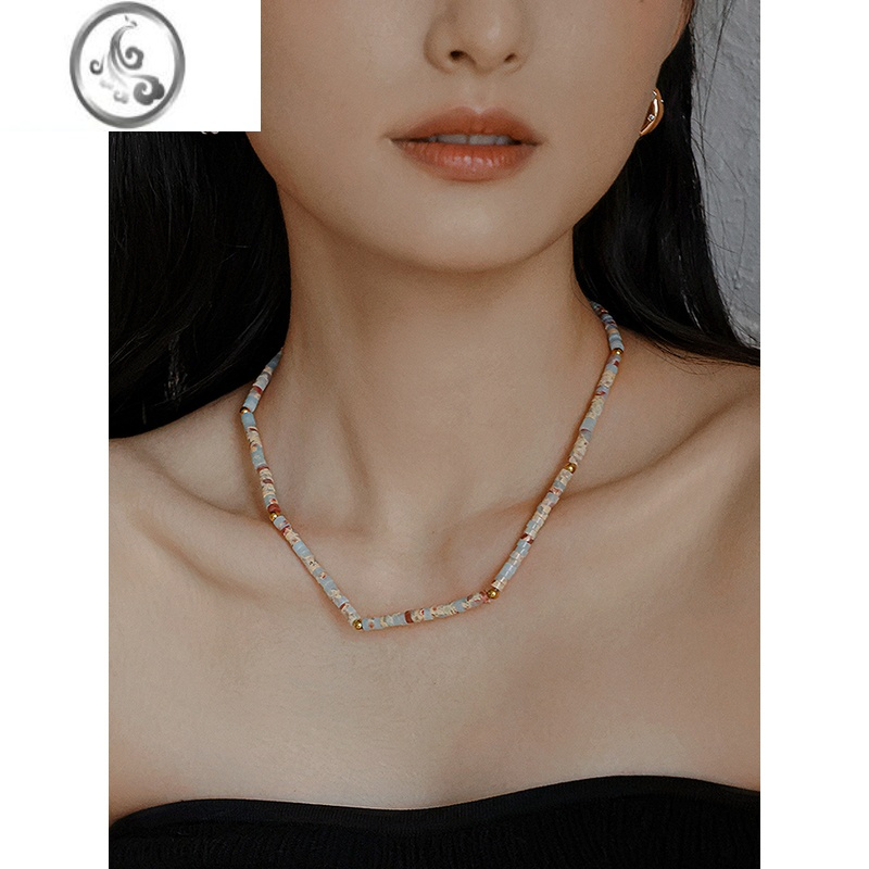 jimi欧美石彩色串珠项链女复古希腊情侣轻奢小众叠戴毛衣链锁骨链