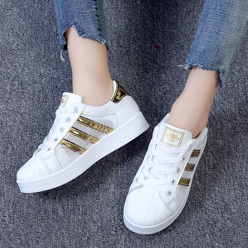 春夏秋冬季贝壳头板鞋女韩版百搭情侣三条杠小白鞋休闲学生贝壳鞋金色