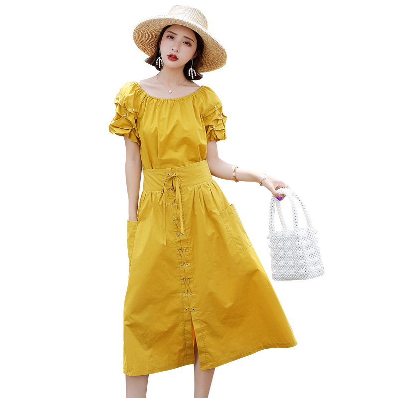 套装裙子女夏女士新品韩版时尚清新甜美一字肩上衣加裙子两件