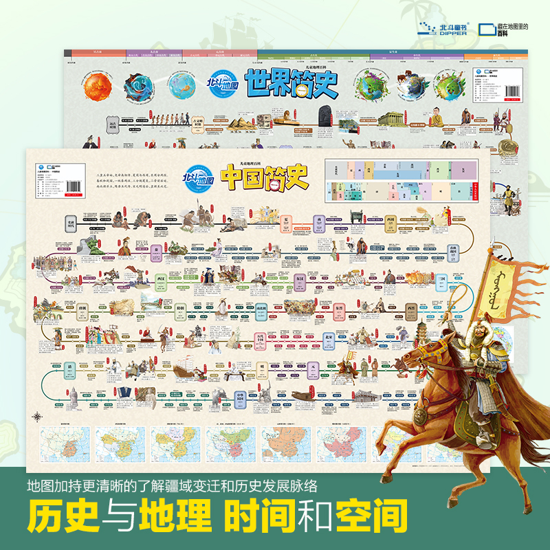 [共4张]中国世界+简史地图(筒装发货) [正版]北斗共4张中国世界地图简史地图星座地图挂图 86*60cm地理百科地图