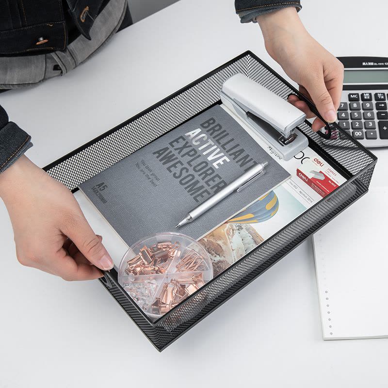 得力(deli) 79080黑色金属商务方形文件框镂空网材文件桌面收纳文件架资料架文件篮图片
