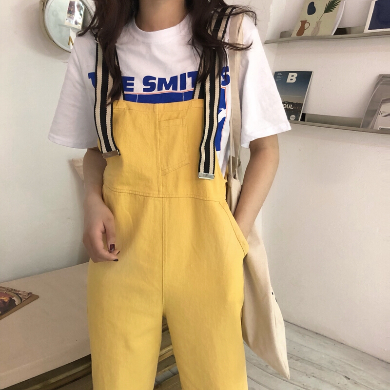 破洞连体裤女春夏装2018新款韩版宽松工装背带裤九分直筒休闲裤潮卡其色均码