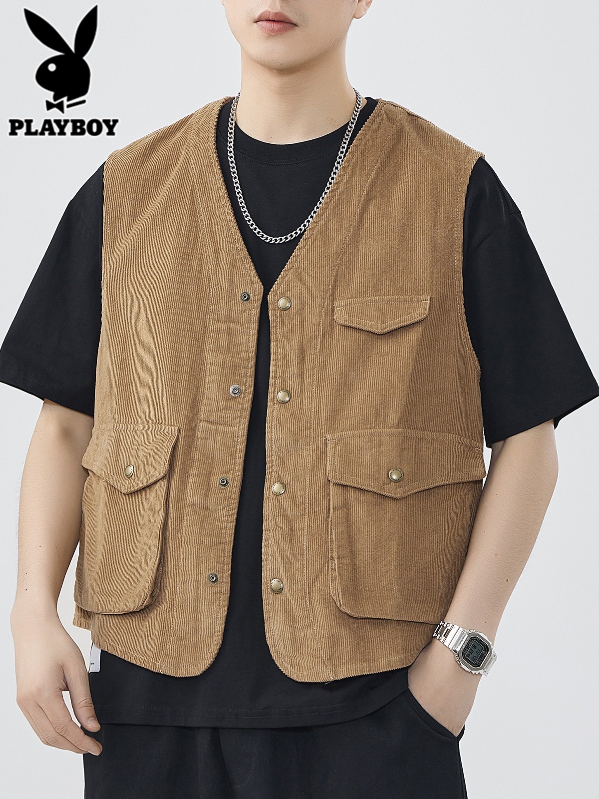 花花公子灯芯绒马甲男士工装背心2025年秋冬季新款日系马夹外套芯高清大图