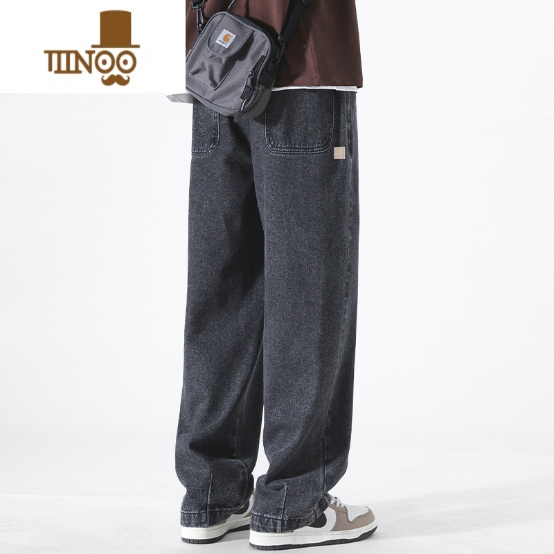 YANXU复古牛仔裤男做旧水洗高街潮牌休闲裤青少年直筒拖地长裤子高清大图