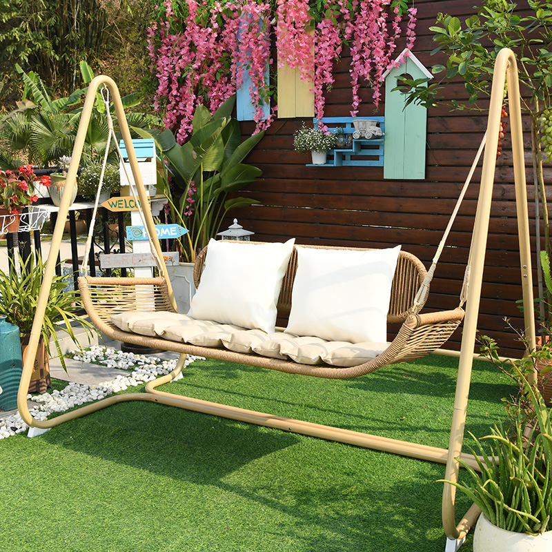 户外秋千吊椅网红室外室内悬挂吊床双人吊篮庭院花园户外秋千摇椅 安娜凝丝绳双人秋千--送坐垫抱枕米黄色