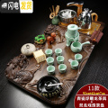 三维工匠陶瓷功夫茶具家用简约实木茶盘套装全自动茶壶茶杯子电热炉茶台B 金色全自动浮雕龙青瓷自动立体双龙套装 31件