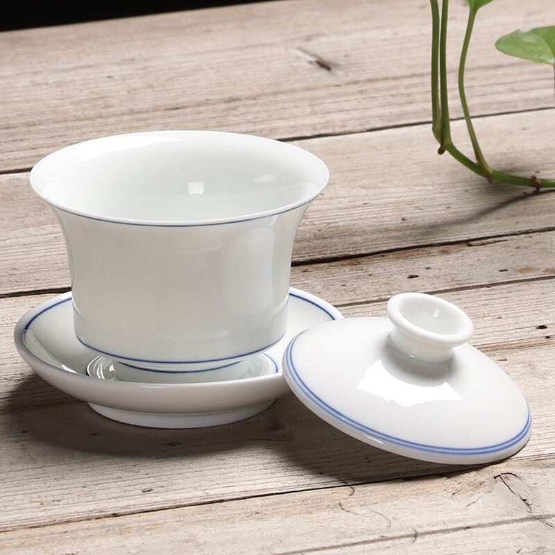 百鸿(Baihong)功夫茶具套装德化陶瓷高白玉瓷手绘盖碗茶杯茶具茶漏整套家用礼品 子母线玉瓷功夫茶具套装