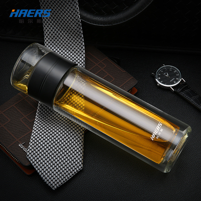 哈尔斯双层玻璃茶水分离杯男女小杯子泡茶过滤杯高档简约便携清新 黑色300ml（带独立式茶仓）（赠送杯刷