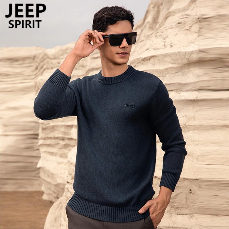 JEEP SPIRIT吉普纯棉毛衣男冬季加厚保暖针织衫休闲潮流时尚纯色休闲圆领上衣高清大图