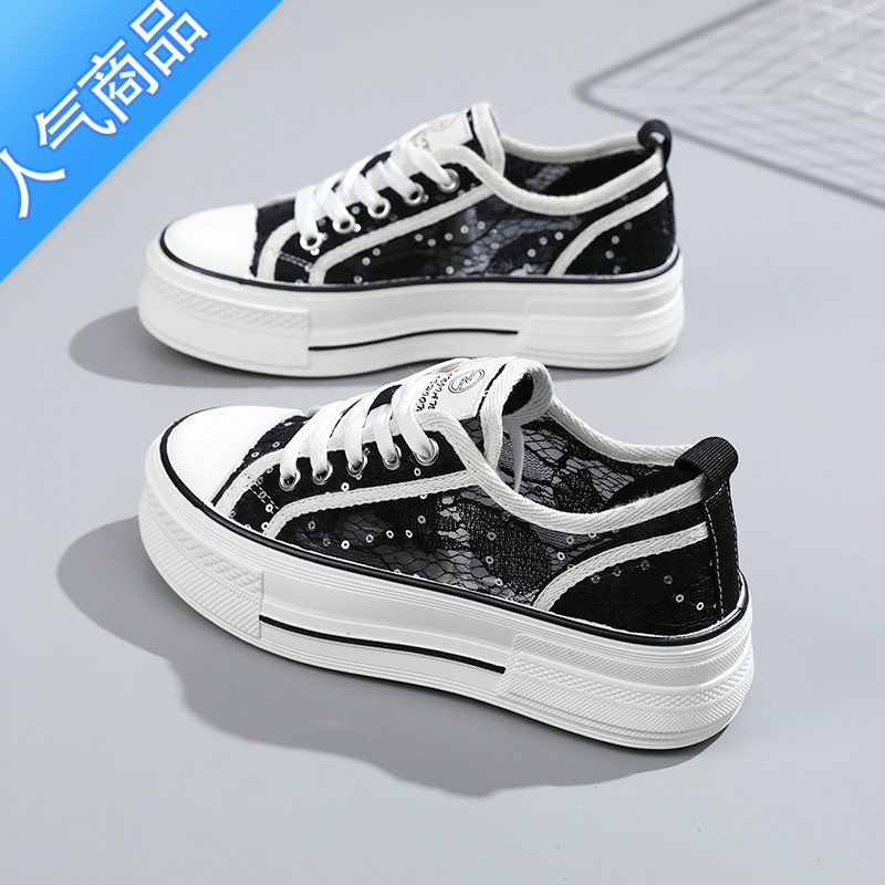 SUNTEK网面透气帆布鞋女蕾丝2023新款夏季网鞋休闲舒适板鞋厚底小白鞋板高清大图