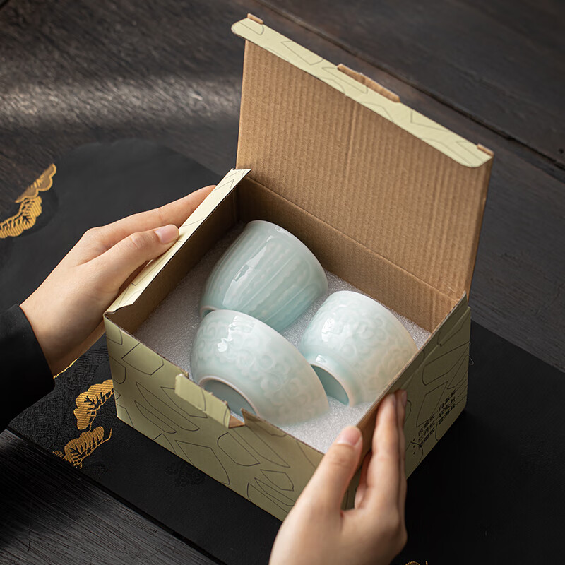 苏氏陶瓷/SUSHI CERAMICS J0977 影青浮雕杯三件套芭蕉杯牡丹杯菊瓣杯个人杯主人杯