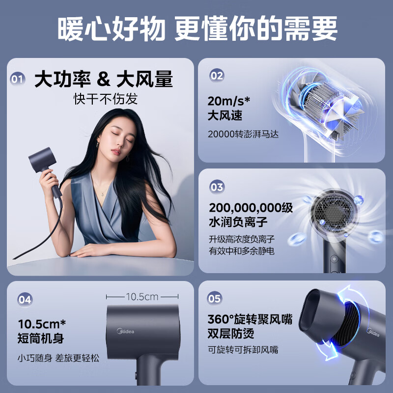 美的(Midea)2亿负离子电吹风 家用护发吹风筒 大功率快干吹风机 MB-AJ0503星夜蓝 生日/节日礼物 新年礼物高清大图