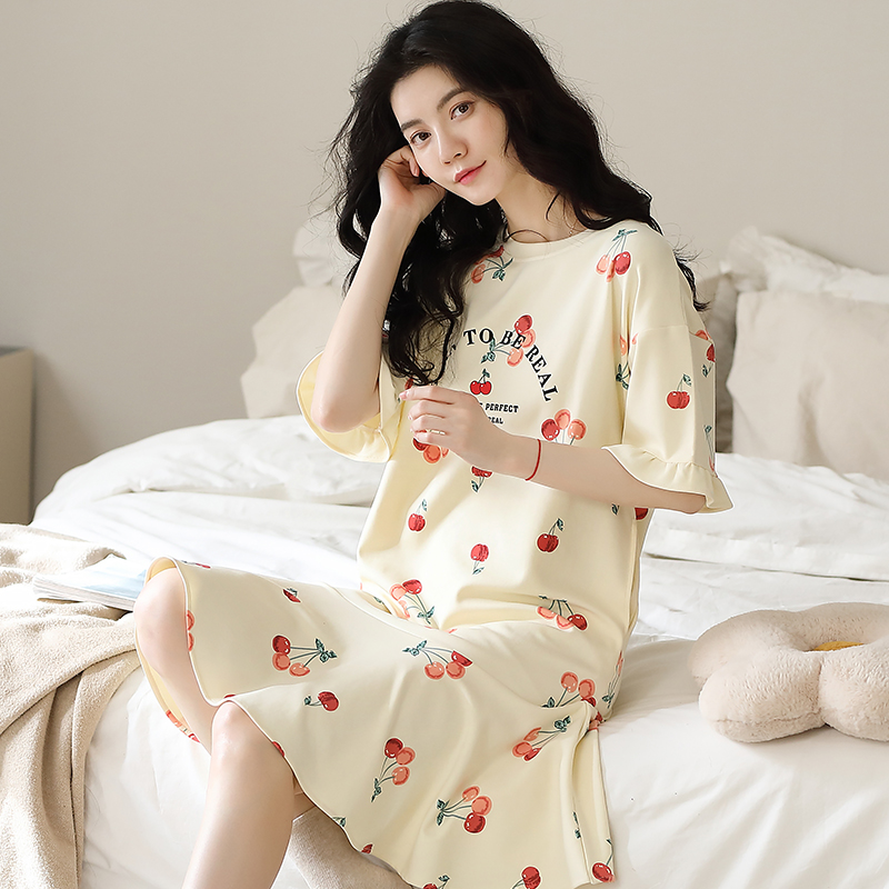 浪莎睡裙女夏季纯棉短袖甜美宽松中长款连衣裙2024新款网红家居服 165(L)推荐100-120斤 YN2488睡裙樱桃
