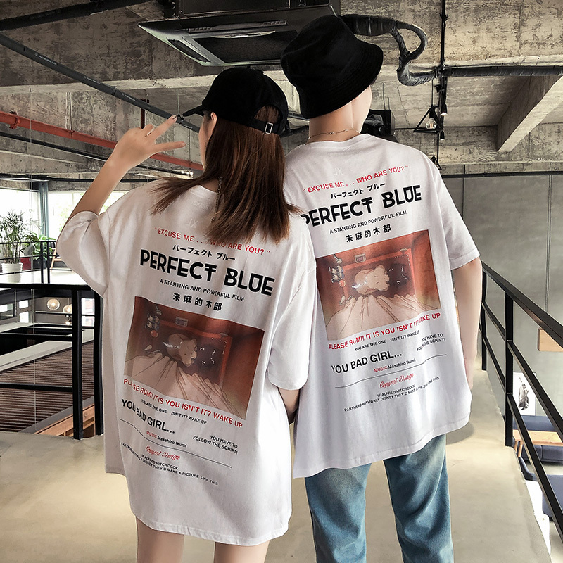 嘻哈男女白色半袖纯棉上衣怪味少女酷酷街头百搭印花宽松情侣装潮