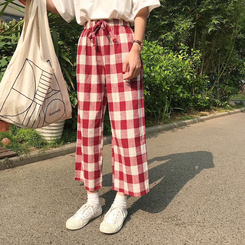 夏季韩版宽松格高腰休闲裤松紧腰九分直筒阔长裤红白格均