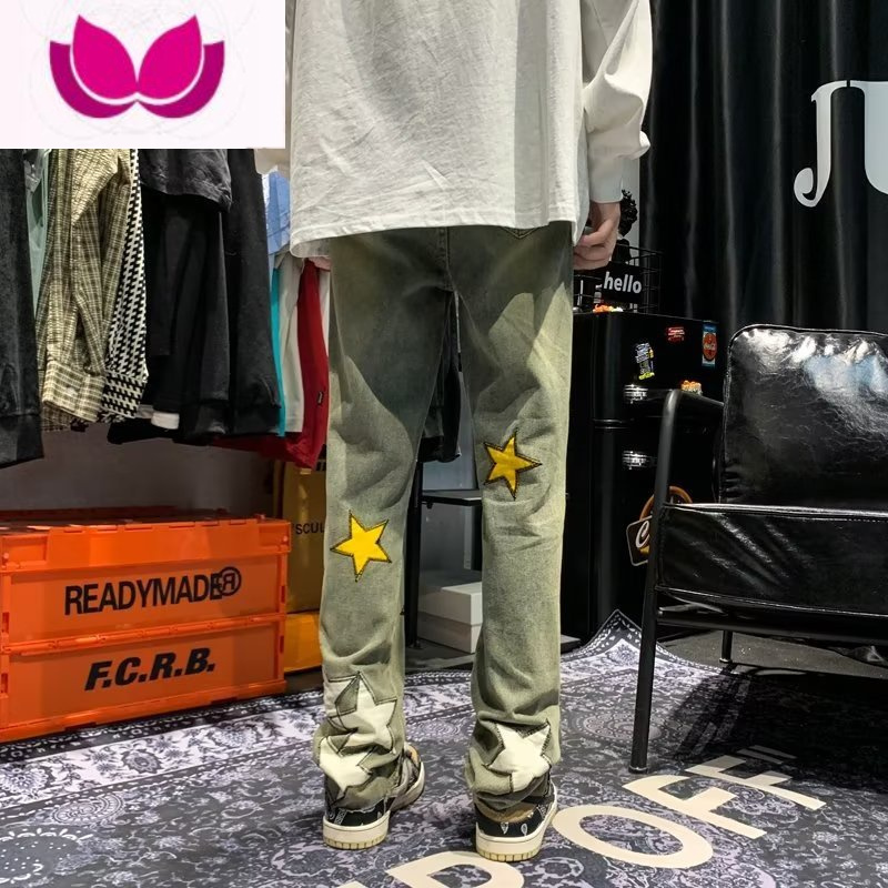 七斓美式复古小众设计感星星补丁牛仔裤男ins高街潮牌oversize裤子潮