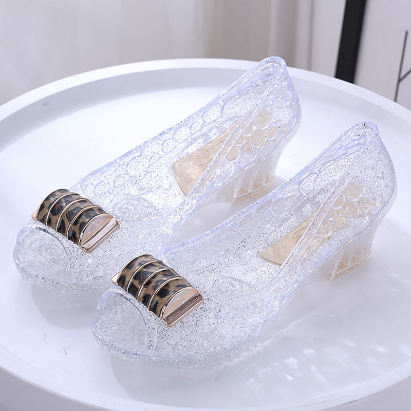 白色 36适合平时34的脚 时尚女士水晶鞋鱼嘴鞋果冻透明坡跟中老年凉鞋