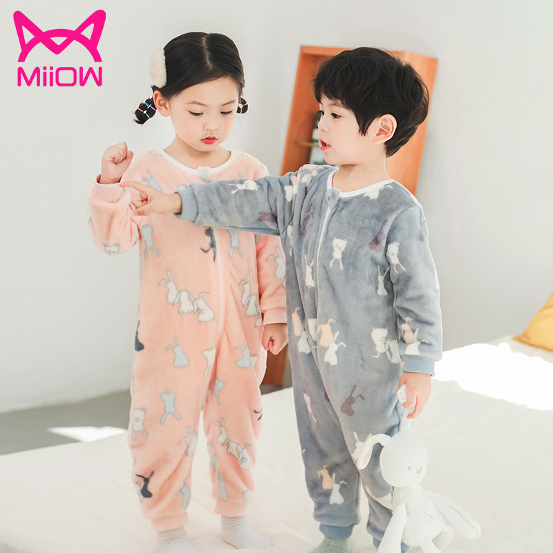 猫人儿童连体睡衣宝宝法兰绒加绒加厚家居服秋冬婴儿睡袋珊瑚绒
